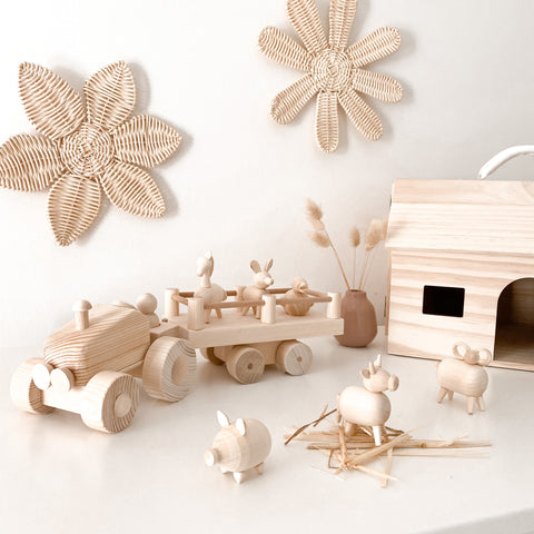 Hand made wooden toy crafted from natural wood. Our wooden farm tractor and animals is the perfect gift. Plastic free, no toxins
