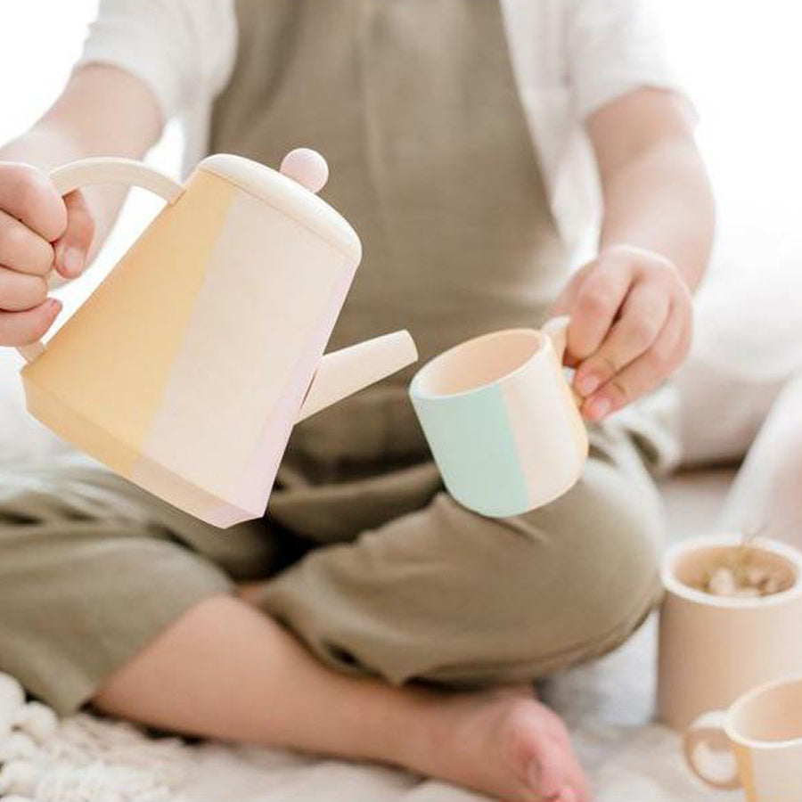 Pastel Stripe Wooden Tea Set | Hand painted, 14 piece set