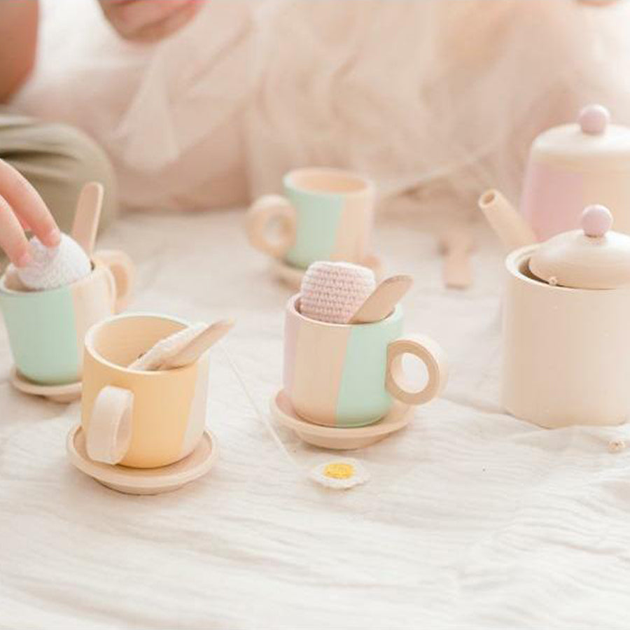 Pastel Stripe Wooden Tea Set | Hand painted, 14 piece set