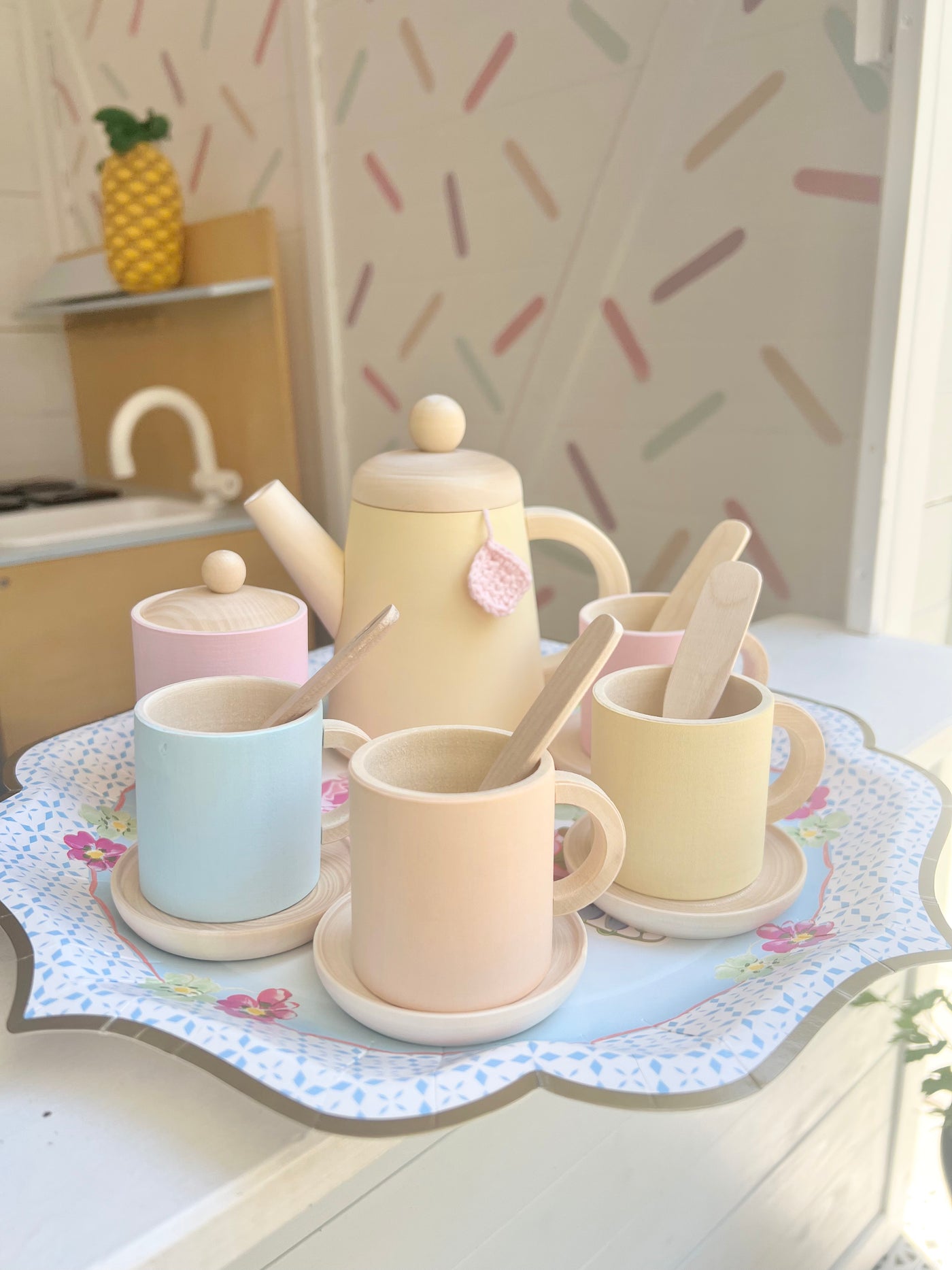 Pastel Dreams Wooden Toy Tea set | Hand painted, 10 piece set